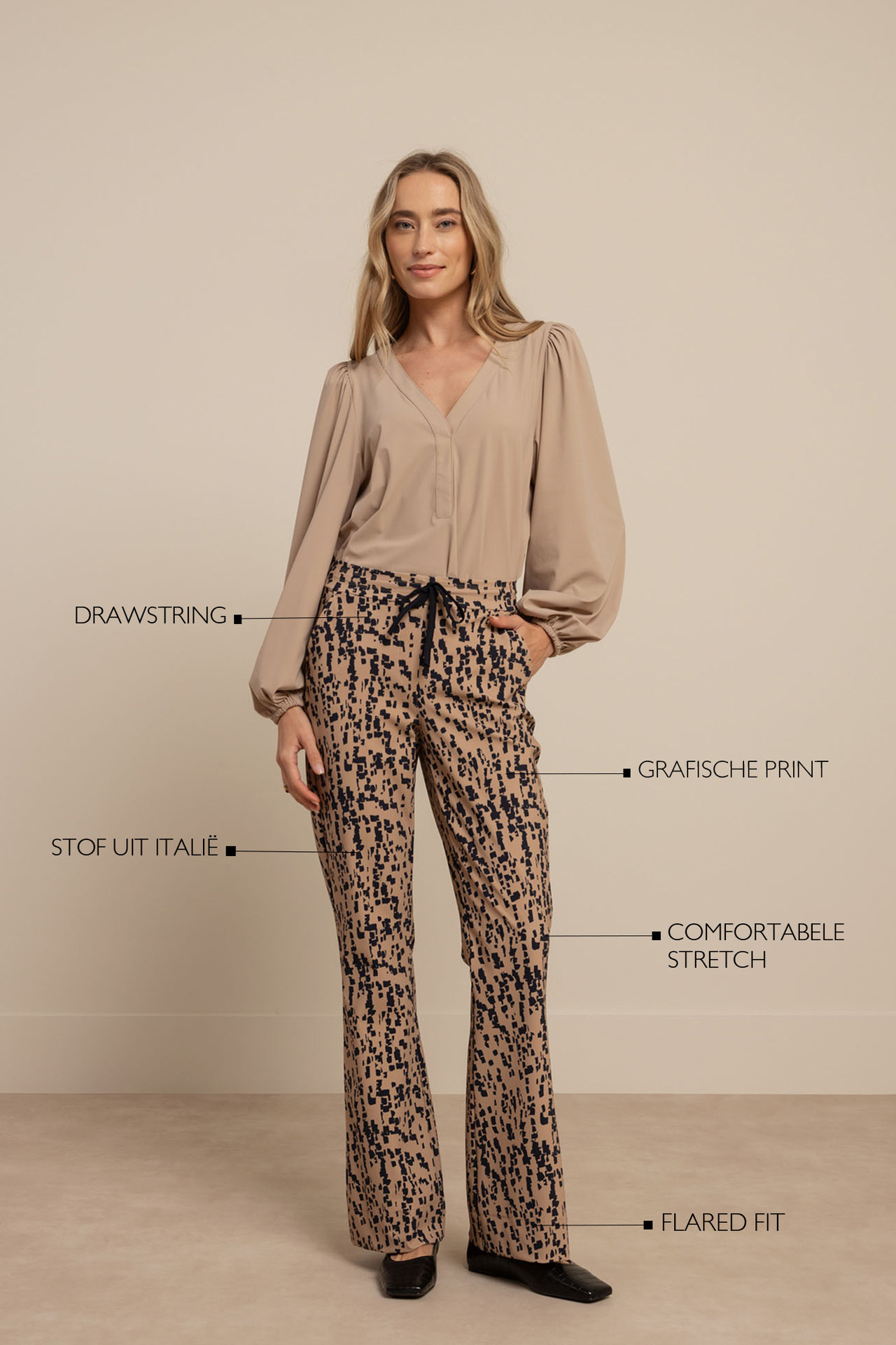 Studio Anneloes Flair Drawstring Block Trousers Latte/Dark Blue