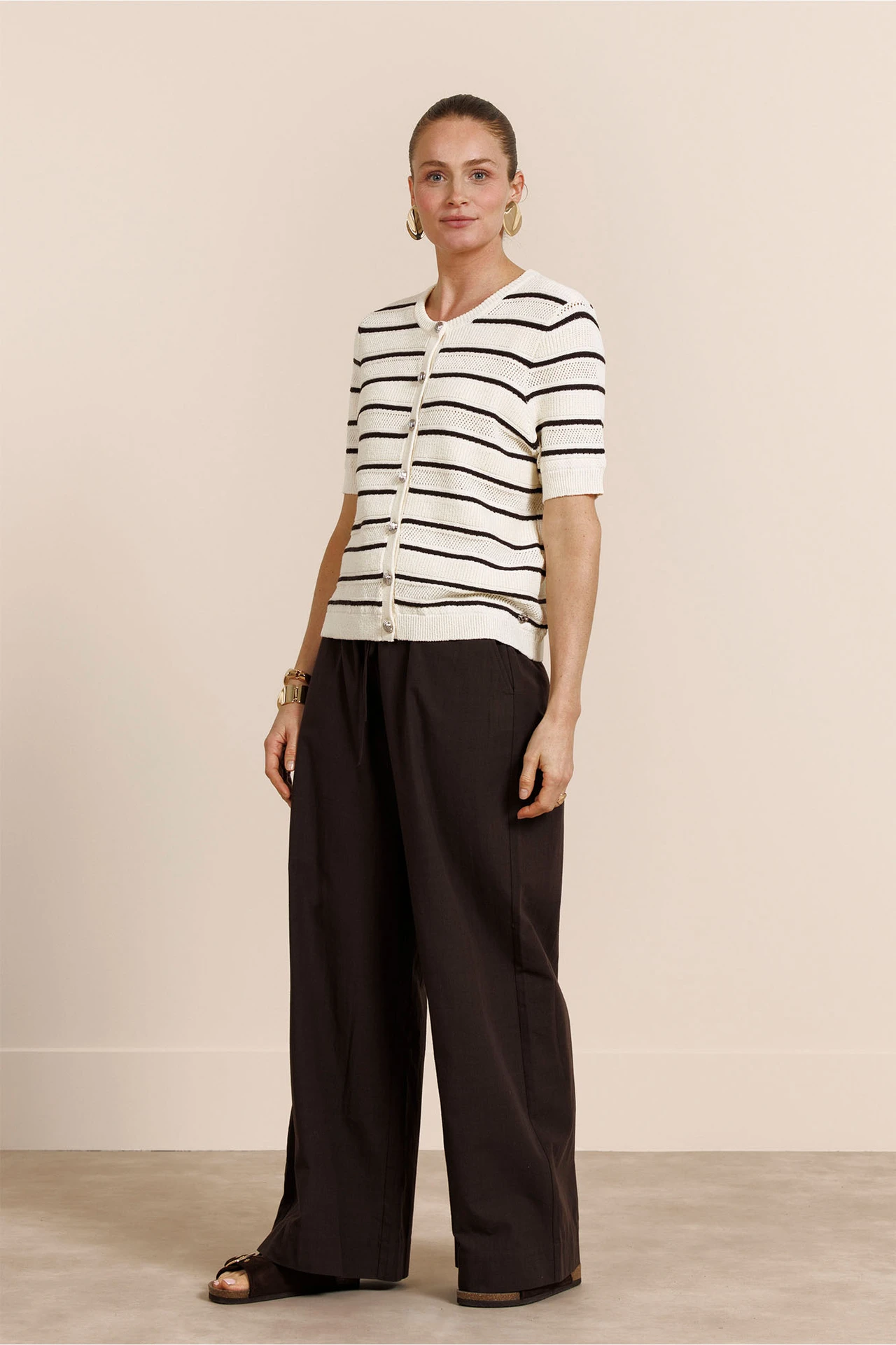 Studio Anneloes Yara Stripe Cardigan Ecru/Espresso