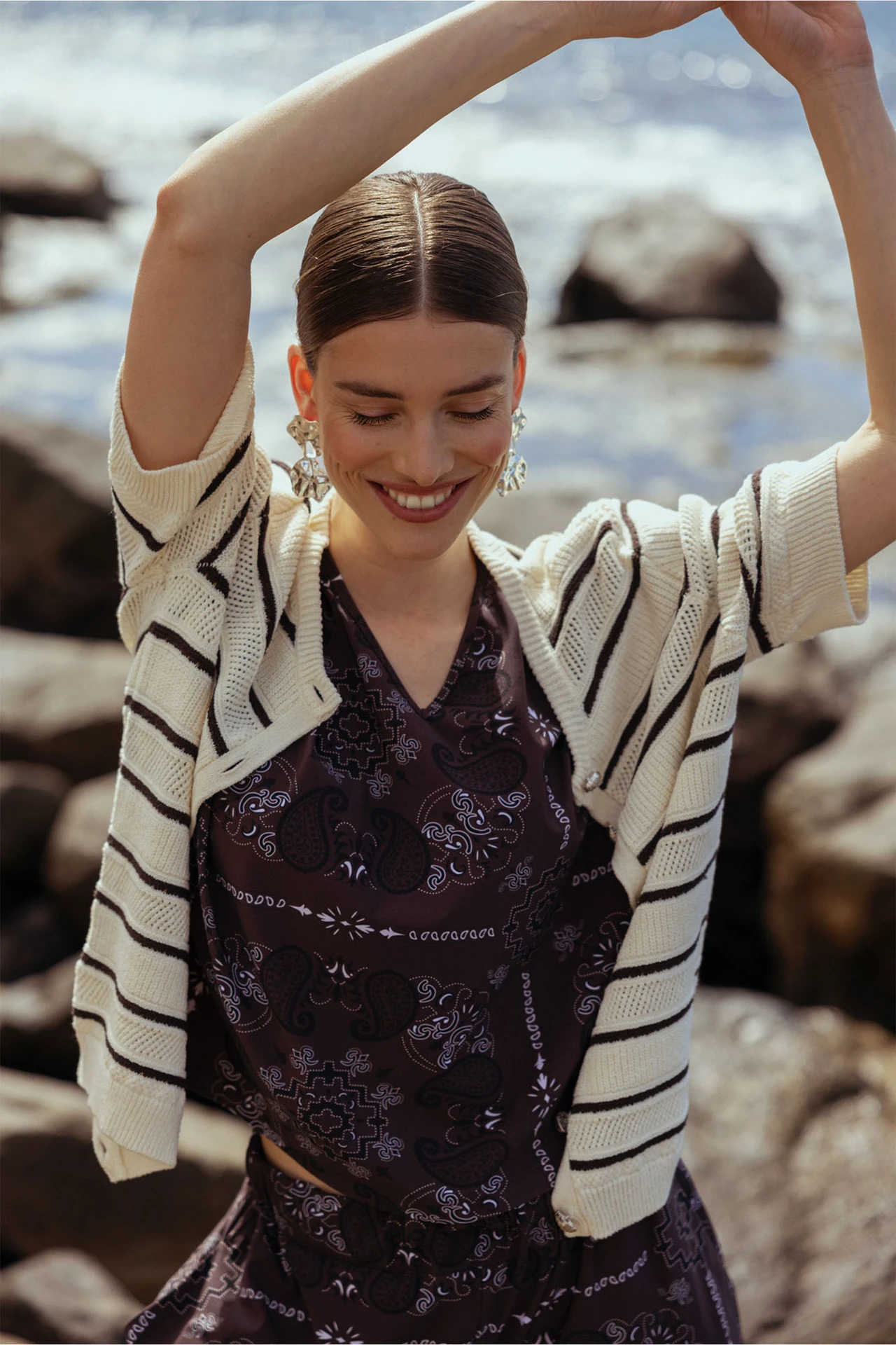 Studio Anneloes Yara Stripe Cardigan Ecru/Espresso